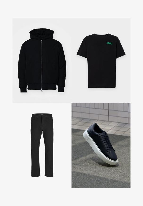 Černá kapucňová bunda s předním zipem, klokaní kapsou, vroubkovanými manžetami a spodním lemem, vystavená na čistém bílém pozadí.; Černé tričko vyrobené z bavlny s krátkým rukávem. Na přední straně se nachází zelené logo "ROOTS", kulatý výstřih a standardní střih.; R.D.D. ROYAL DENIM DIVISION RDD - Džíny Straight Fit - black denim; Černé kožené tenisky s kulatou špičkou a bílou gumovou podrážkou. mají ploché tkaničky a minimální šití na svršku. Texturovaná podrážka pro lepší přilnavost.