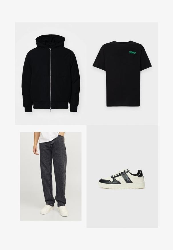 Crna kapuška jakna s prednjim zatvaračem, kenguru džepom, rebrastim manžetama i rubom, prikazana na običnoj bijeloj pozadini.; Crna majica kratkih rukava od pamuka. Na prednjem dijelu se nalazi zeleni "ROOTS" logo, okrugli izrez i standardni kroj.; Jack & Jones JJIEDDIE JJORIGINAL - Vrećaste traperice - black denim; Kožne tenisice s crno-bijelom paletom boja, koje imaju perforirane akcentne detalje, podstavljeni ovratnik i teksturiranu potplat.