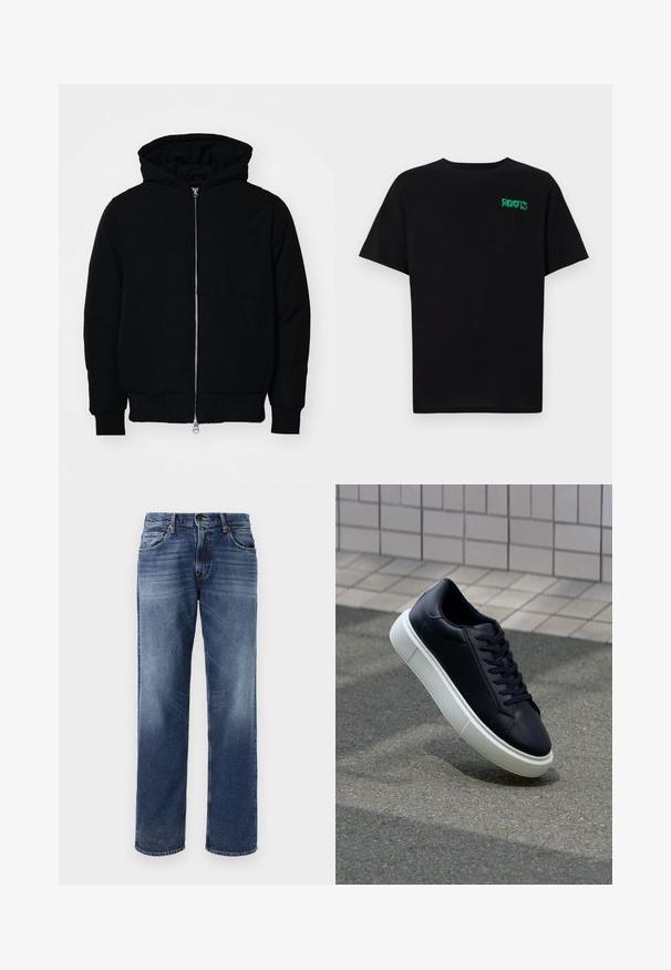 Chaqueta negra con capucha, cierre frontal, bolsillo tipo canguro, y puños y dobladillo acanalados, exhibida sobre un fondo blanco liso.; Camiseta negra de algodón con mangas cortas. Presenta un logo verde "ROOTS" en el frente, escote redondo y corte estándar.; Jeans de hombre en denim azul con diseño de pierna recta, ligero desgaste, cinco bolsillos y cierre de botón.; Zapatilla de cuero negro con punta redonda y suela de goma blanca. Presenta cordones planos y un mínimo de costuras en la parte superior. Suela texturizada para proporcionar agarre.
