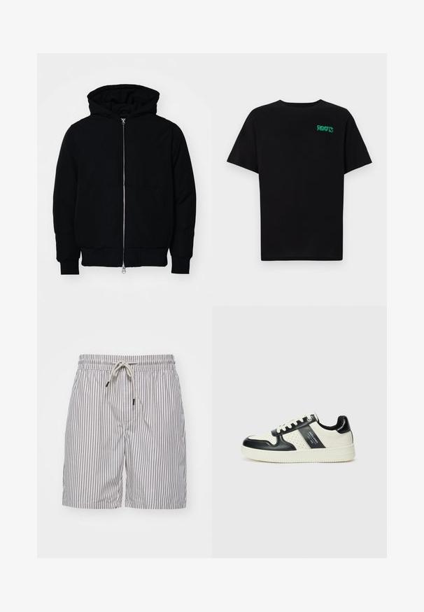 Black hooded jacket with front zipper, kangaroo pocket, ribbed cuffs, and hem, displayed on a plain white background.; Black t-shirt made of cotton with short sleeves. Features a green "ROOTS" logo on the front, round neckline, and standard fit.; Striped swim shorts in light fabric; features blue vertical stripes, elastic waistband with drawstring, and side pockets.; Leather sneakers with a black and cream color scheme, featuring perforated accents, a padded collar, and a textured outsole.