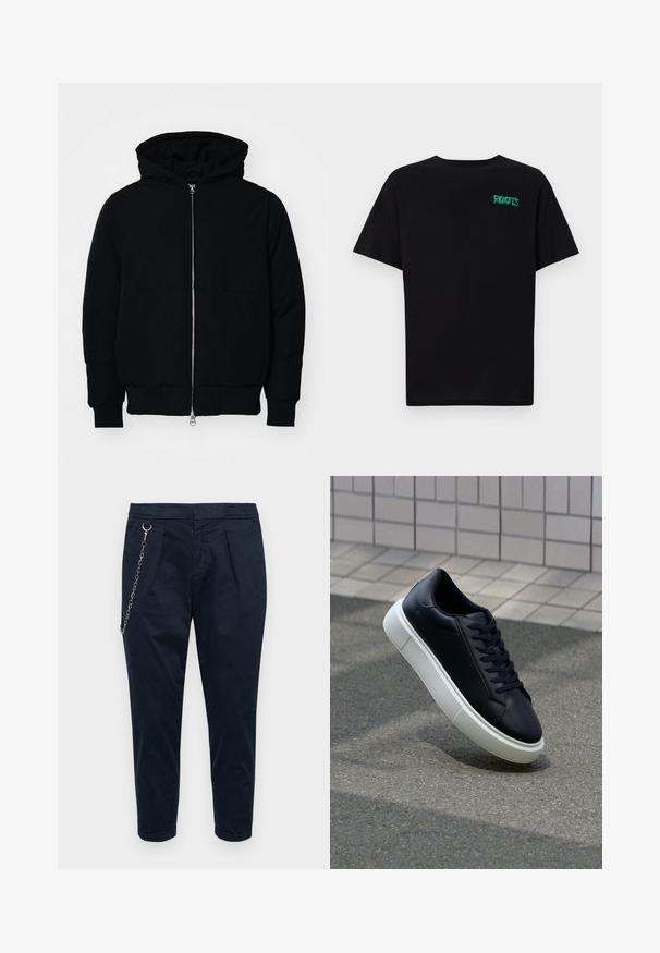 Czarna kurtka z kapturem, z suwakiem z przodu, kieszenią kangurką, ściągaczami przy mankietach i dolnym brzegu, prezentowana na jednolitym białym tle.; Czarna koszulka z bawełny z krótkim rękawem. Posiada zielone logo "ROOTS" z przodu, okrągły dekolt i standardowy krój.; Redefined Rebel LEE granatowy; Czarne skórzane sneakersy z okrągłym noskiem i białą gumową podeszwą. Posiadają płaskie sznurowadła i minimalne przeszycia na cholewce. Teksturowana podeszwa zapewnia przyczepność.