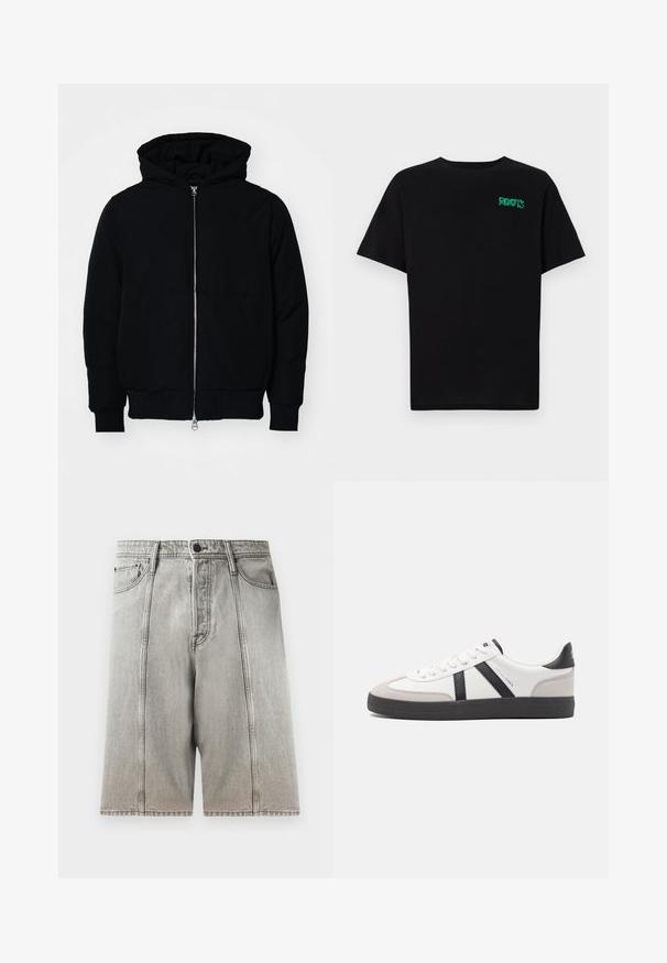 Juodas gobtuvėlis su priekiniu užtrauktuku, kengūros tipo kišene, lygiais rankogaliais ir apvadu, pateiktas ant vientiso balto fono.; Juodas medvilninis marškinėliai trumpomis rankovėmis. Priekyje yra žalias „ROOTS“ logotipas, apvalus iškirpimas ir standartinė prigludimo forma.; Pilki džinsiniai šortai su tiesia silueto dizainu, turintys dvi priekinės kišenes, užsegimą mygtuku ir kontrastingas siuvimo detales.; Balti sportbačiai su juodais ir pilkais akcentais, pasižymintys tekstūruotu pilku pirštų dangteliu, juoda gumine padais ir plokščiomis baltomis raišteliais. Švarus dizainas, minimalistinis stilius.