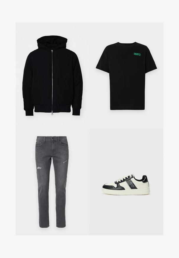 Black hooded jacket with front zipper, kangaroo pocket, ribbed cuffs, and hem, displayed on a plain white background.; Black t-shirt made of cotton with short sleeves. Features a green "ROOTS" logo on the front, round neckline, and standard fit.; Dark grey denim jeans with a slim fit, featuring distressed detailing and five pockets. Classic design with subtle fading and straight leg cut.; Leather sneakers with a black and cream color scheme, featuring perforated accents, a padded collar, and a textured outsole.