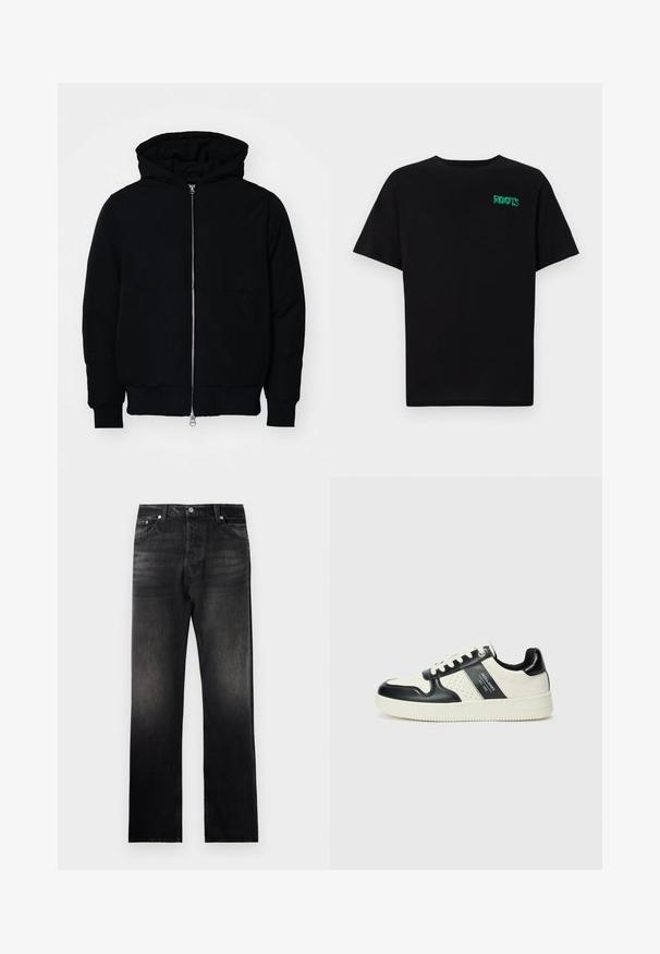 Svart hettejakke med frontglidelås, kengurulomme, ribbestrikket mansjetter og søm, vist på en ensfarget hvit bakgrunn.; svart t-skjorte laget av bomull med korte ermer. Har et grønt "ROOTS"-logo på forsiden, rund halsutringning og standard passform.; Svarte denimbukser med en rett benpassform, med en falmet gradienteffekt, fem-lommers design og metallbeslag.; Lædersneakers med sort og creme farveskema, der har perforerede detaljer, en polstret krave og en struktureret ydersål.