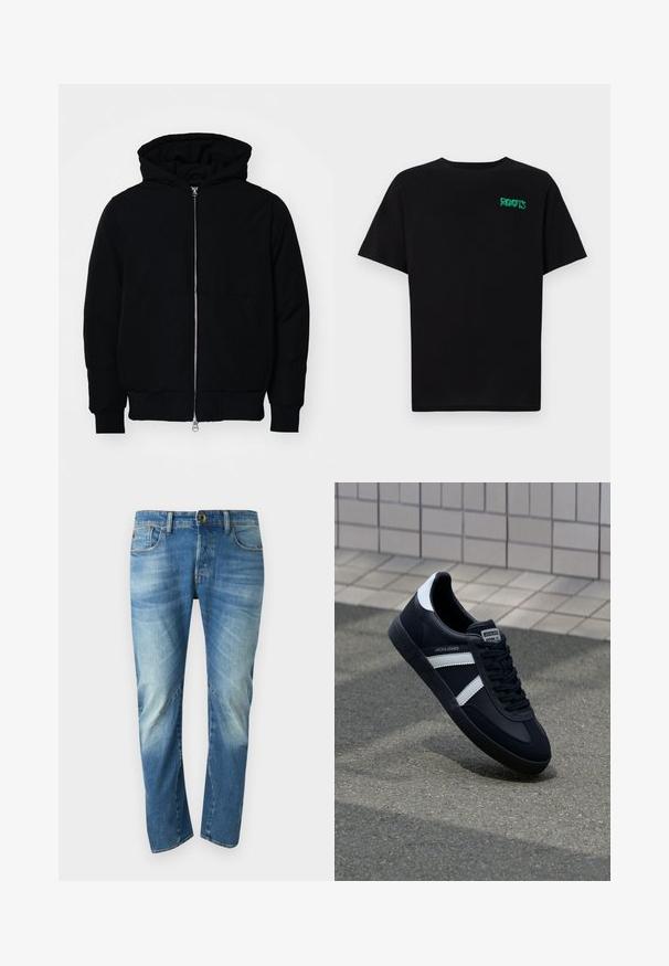 Crna kapuška jakna s prednjim zatvaračem, kenguru džepom, rebrastim manžetama i rubom, prikazana na običnoj bijeloj pozadini.; Crna majica kratkih rukava od pamuka. Na prednjem dijelu se nalazi zeleni "ROOTS" logo, okrugli izrez i standardni kroj.; Plave izblijedele traperice ravnog kroja s pet džepova, zatvaranjem na dugme i vidljivim šavovima sprijeda.; Crne kožne tenisice s bijelim prugama, strukturirana gumena potplate i vezanjem sprijeda. Ima oznaku brenda na jeziku.