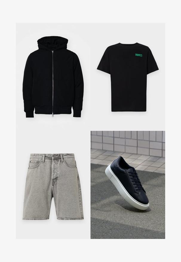 Svart hettejakke med frontglidelås, kengurulomme, ribbestrikket mansjetter og søm, vist på en ensfarget hvit bakgrunn.; svart t-skjorte laget av bomull med korte ermer. Har et grønt "ROOTS"-logo på forsiden, rund halsutringning og standard passform.; Grå denimshorts med klassisk snitt, fem lommer og synlige sømmer. Har en frontknapp lukking og en litt falmet tekstur.; Sorte skinnsneakers med rund tå og hvit gummisåle. Har flate lisser og minimal søm på overdelen. Strukturert såle for grep.