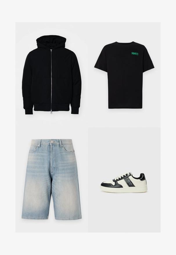 Svart hettejakke med frontglidelås, kengurulomme, ribbestrikket mansjetter og søm, vist på en ensfarget hvit bakgrunn.; svart t-skjorte laget av bomull med korte ermer. Har et grønt "ROOTS"-logo på forsiden, rund halsutringning og standard passform.; Lys blå denimshorts med en avslappet passform. Har knappelukking, beltehemper og to frontlommer. Dovnet tekstur gjennom hele.; Lædersneakers med sort og creme farveskema, der har perforerede detaljer, en polstret krave og en struktureret ydersål.