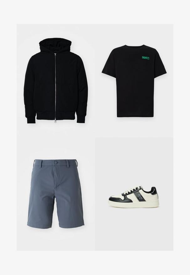 Černá kapucňová bunda s předním zipem, klokaní kapsou, vroubkovanými manžetami a spodním lemem, vystavená na čistém bílém pozadí.; Černé tričko vyrobené z bavlny s krátkým rukávem. Na přední straně se nachází zelené logo "ROOTS", kulatý výstřih a standardní střih.; Šedé kraťasy po kolena vyrobené z lehkého materiálu; mají zapínání na knoflík, poutka na opasek a postranní kapsy s hladkou texturou.; Kožené tenisky s černobílou barevnou kombinací, které mají perforované detaily, polstrovaný límec a texturovanou podrážku.