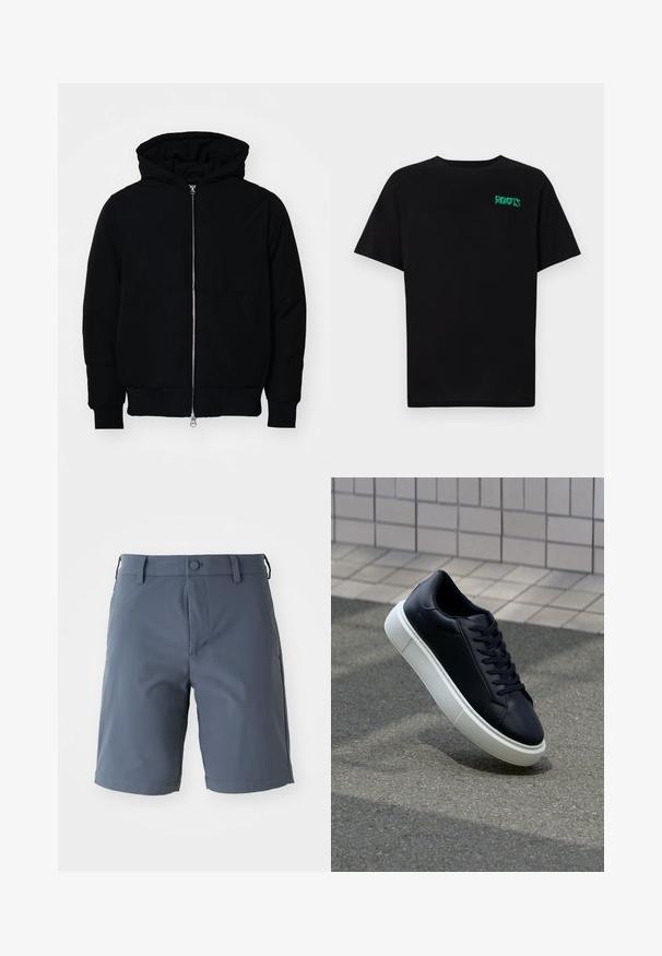 Svart huoodiejacka med framdragkedja, känguruficka, ribbade ärmslut och nederkant, uppställd mot en vit bakgrund.; Svart t-shirt i bomull med korta ärmar. Har en grön "ROOTS" logotyp på framsidan, rund halsringning och standard passform.; Grå kortbyxor i knälängd, tillverkade av lättviktig textil; har knappstängning, bältesömmar och sidofickor med en slät yta.; Svart lädersneaker med rundad tå och vit gummisula. Har platta snören och minimal sömnad på ovansidan. Texturerad sula för grepp.