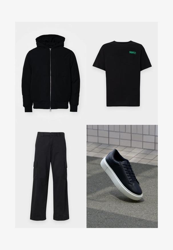 Schwarze Kapuzenjacke mit Frontreißverschluss, Kängurutasche, gerippten Bündchen und Saum, auf einem schlichten weißen Hintergrund präsentiert.; Schwarzes T-Shirt aus Baumwolle mit kurzen Ärmeln. Auf der Vorderseite befindet sich ein grünes "ROOTS"-Logo, es hat einen runden Halsauschnitt und eine normale Passform.; Schwarze Cargo-Hosen aus Baumwollmischung, mit lockerer Passform, zwei seitlichen Taschen und Knopfverschluss. Glatte Textur mit minimalen Verzierungen.; Schwarze Leder-Sneaker mit runder Zehenpartie und weißer Gummisohle. Verfügt über flache Schnürsenkel und minimale Nähte im Obermaterial. Strukturiertes Sohlenprofil für besseren Halt.
