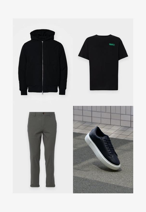 Fekete kapucnis dzseki elülső cipzárral, kenguruzsebbel, bordázott mandzsettákkal és aba, egy sima fehér háttér előtt.; Fekete, pamutból készült póló rövid ujjakkal. Elöl zöld "ROOTS" logóval, kerek nyakkivágással és normál szabással.; Szürke nadrág, egyenes szabással, könnyű anyagból készült, felhajtott szegéllyel és egyetlen elülső gombos záródással.; Fekete bőr sportcipő lekerekített orral és fehér gumitalppal. Lapos fűzőkkel és minimális varrásokkal rendelkezik a felsőrészén. Mintás talp a tapadásért.