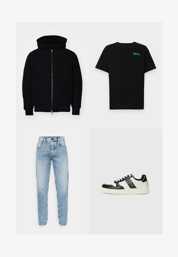 Juodas gobtuvėlis su priekiniu užtrauktuku, kengūros tipo kišene, lygiais rankogaliais ir apvadu, pateiktas ant vientiso balto fono.; Juodas medvilninis marškinėliai trumpomis rankovėmis. Priekyje yra žalias „ROOTS“ logotipas, apvalus iškirpimas ir standartinė prigludimo forma.; Šviesiai mėlyni džinsai su tiesiu kirpimu, penkių kišenių dizainu, matomomis siūlėmis ir klasikiniu mygtuko bei užtrauktuko uždarymu. Be puošmenų.; Odiniai sportbačiai juodos ir kreminės spalvų schemoje, su perforuotais akcentais, paminkštinta apykakle ir tekstūruotu padu.