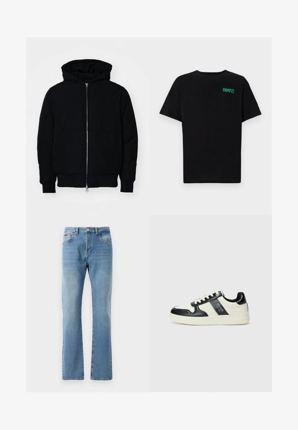 Črna kapuca jakna s sprednjim zadrgo, kenguru žepom, rebrastimi manšetami in hemom, razstavljena na enostavni beli ozadju.; Črna majica iz bombaža z kratkimi rokavi. Na sprednji strani ima zeleno logotip "ROOTS", okroglo ovratnico in standardno prileganje.; Svijetloplave traperice s ravnim nogavicama, pet džepova i suptilnim izbljeđivanjem. Imaju klasični pojas i ravni rub na gležnjevima.; Usnjeni športni čevlji z črno in krem barvno shemo, ki vključujejo perforirane dodatke, podložen ovratnik in strukturirano podplat.