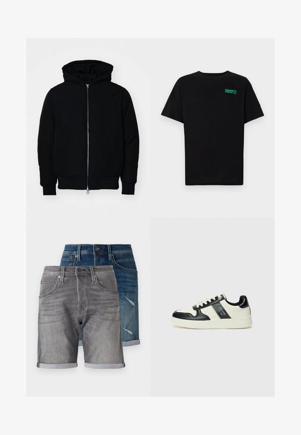 Juodas gobtuvėlis su priekiniu užtrauktuku, kengūros tipo kišene, lygiais rankogaliais ir apvadu, pateiktas ant vientiso balto fono.; Juodas medvilninis marškinėliai trumpomis rankovėmis. Priekyje yra žalias „ROOTS“ logotipas, apvalus iškirpimas ir standartinė prigludimo forma.; Tamsiai mėlyni ir pilki džinsiniai šortai. Ypatybės: apvynioti kraštai, kišenės ir išblukusi tekstūra ant mėlynų šortų su pažeidimais.; Odiniai sportbačiai juodos ir kreminės spalvų schemoje, su perforuotais akcentais, paminkštinta apykakle ir tekstūruotu padu.