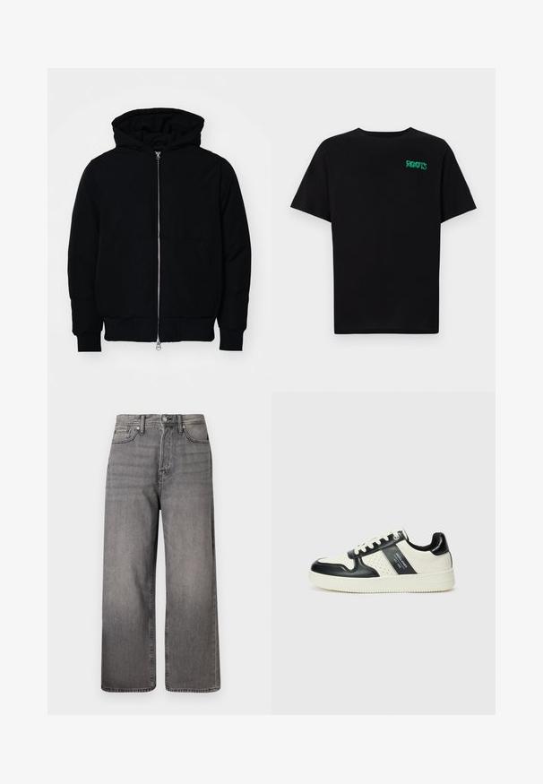 Chaqueta negra con capucha, cierre frontal, bolsillo tipo canguro, y puños y dobladillo acanalados, exhibida sobre un fondo blanco liso.; Camiseta negra de algodón con mangas cortas. Presenta un logo verde "ROOTS" en el frente, escote redondo y corte estándar.; Jeans de pierna ancha en denim negro desgastado. Cuenta con un diseño de cinco bolsillos, cierre de cremallera y botón de metal. Textura desgastada con sutiles variaciones de color.; Zapatillas de cuero con un esquema de colores negro y crema, que cuentan con acentos perforados, un collar acolchado y una suela texturizada.