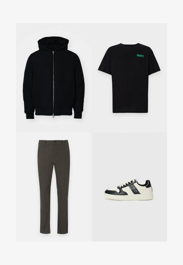 Črna kapuca jakna s sprednjim zadrgo, kenguru žepom, rebrastimi manšetami in hemom, razstavljena na enostavni beli ozadju.; Črna majica iz bombaža z kratkimi rokavi. Na sprednji strani ima zeleno logotip "ROOTS", okroglo ovratnico in standardno prileganje.; Temno zelene, slim-fit hlače izdelane iz bombažne mešanice. Imajo standardni pas, sprednje žepe in en zadnji žep.; Usnjeni športni čevlji z črno in krem barvno shemo, ki vključujejo perforirane dodatke, podložen ovratnik in strukturirano podplat.