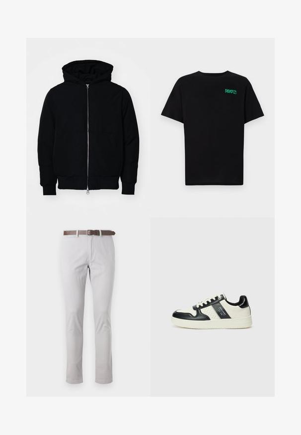 Jachetă neagră cu glugă, cu fermoar în față, buzunar tip kangaroo, mansete și tiv ribbed, prezentată pe un fundal alb simplu.; Tricou negru din bumbac, cu mâneci scurte. Prezintă un logo verde "ROOTS" pe față, guler rotund și o potrivire standard.; Pantaloni gri deschis din bumbac, cu un croi slim. Prezintă un brâu din piele maro și detalii de cusătură minime pe laturi.; Tenisi din piele cu un scheme de culori negru și crem, dotati cu accente perforate, guler căptușit și o talpă texturată.