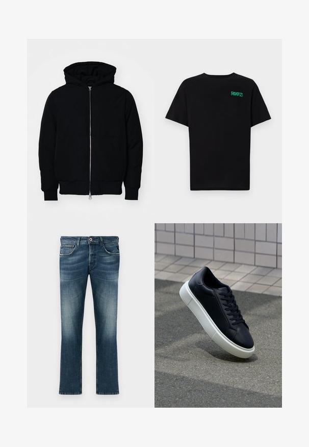 Jachetă neagră cu glugă, cu fermoar în față, buzunar tip kangaroo, mansete și tiv ribbed, prezentată pe un fundal alb simplu.; Tricou negru din bumbac, cu mâneci scurte. Prezintă un logo verde "ROOTS" pe față, guler rotund și o potrivire standard.; Jeans din denim de culoare albastru închis cu un efect de uzură. Prezintă un design clasic cu cinci buzunare, croială dreapta și un nasture de accent roșu.; Tenis cu piele neagră, cu vârful rotund și talpă din cauciuc alb. Are șireturi plate și cusături minime pe suprafață. Tălpile texturate oferă aderență.