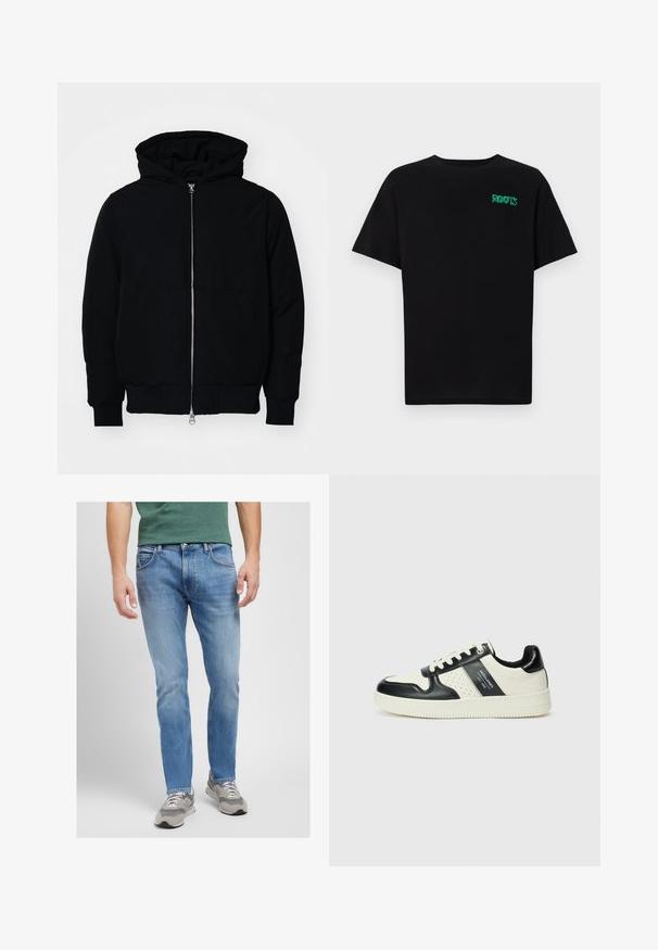 Crna kapuška jakna s prednjim zatvaračem, kenguru džepom, rebrastim manžetama i rubom, prikazana na običnoj bijeloj pozadini.; Crna majica kratkih rukava od pamuka. Na prednjem dijelu se nalazi zeleni "ROOTS" logo, okrugli izrez i standardni kroj.; Svijetloplavi traperice ravnog kroja, s pet džepova, kontrastnim šavovima i izbljeđenim izgledom. Uparene s sivim tenisicama.; Kožne tenisice s crno-bijelom paletom boja, koje imaju perforirane akcentne detalje, podstavljeni ovratnik i teksturiranu potplat.