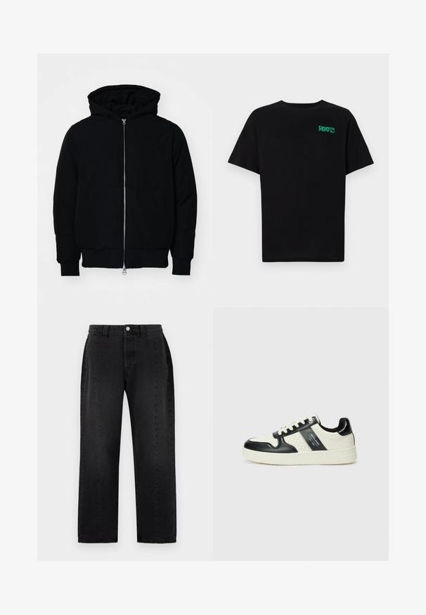 Black hooded jacket with front zipper, kangaroo pocket, ribbed cuffs, and hem, displayed on a plain white background.; Black t-shirt made of cotton with short sleeves. Features a green "ROOTS" logo on the front, round neckline, and standard fit.; Black denim jeans with a straight-leg design. Features a button closure, belt loops, and two side pockets. Smooth texture, no visible patterns.; Leather sneakers with a black and cream color scheme, featuring perforated accents, a padded collar, and a textured outsole.