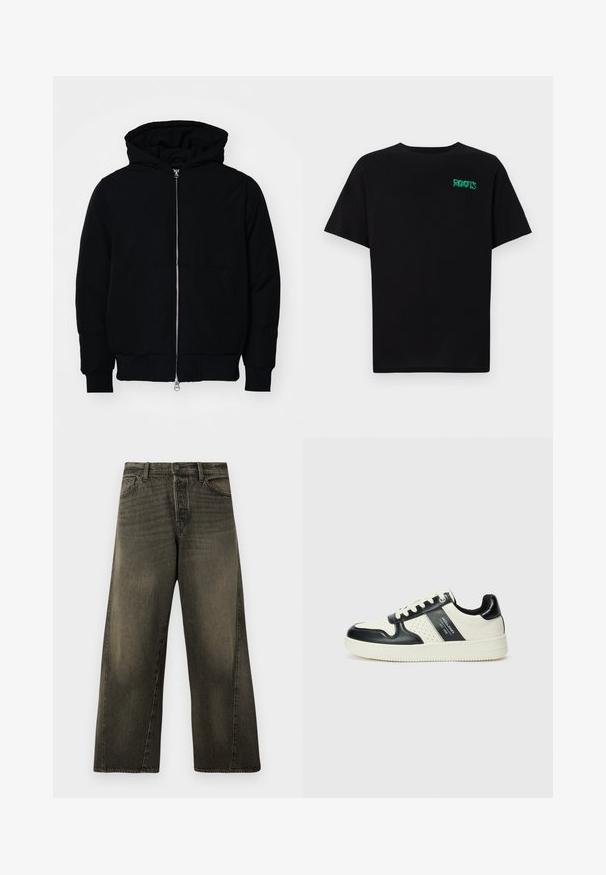 Black hooded jacket with front zipper, kangaroo pocket, ribbed cuffs, and hem, displayed on a plain white background.; Black t-shirt made of cotton with short sleeves. Features a green "ROOTS" logo on the front, round neckline, and standard fit.; High-waisted, wide-leg black faded jeans with front button and zip closure, and standard front pockets.; Leather sneakers with a black and cream color scheme, featuring perforated accents, a padded collar, and a textured outsole.