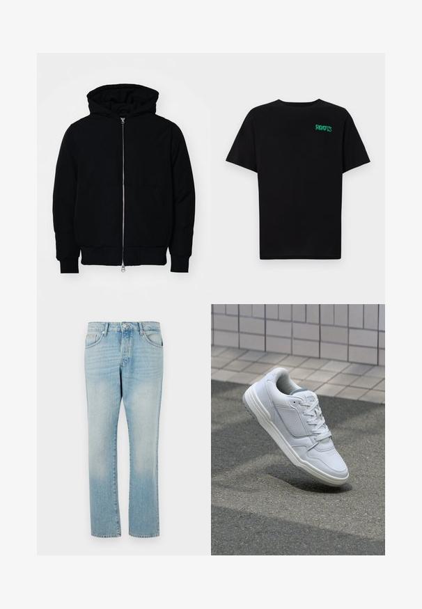 Mustat huppu-untuvatakki, jossa on vetoketju edessä, kenguru-tasku, ribatut hihansuut ja helma, esillä yksinkertaisella valkoisella taustalla.; Mustat t-paidat, jotka on valmistettu puuvillasta ja joissa on lyhyet hihat. Edessä vihreä "ROOTS"-logo, pyöreä kaula-aukko ja normaali istuvuus.; Vaaleansiniset farkut suoran lahkeen suunnittelulla, jossa on viisi taskua ja nappisuljenta vyötäröllä. Sileä pinta.; Valkoinen nahkakengät, joissa on rei'itetyt sivut, teksturoituja yksityiskohtia, tasaiset nauhat ja erottuva harmaa kanta. Varrella on hieman kohotettu pohja.