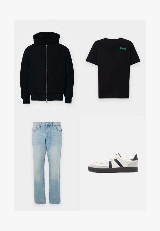 Crna kapuška jakna s prednjim zatvaračem, kenguru džepom, rebrastim manžetama i rubom, prikazana na običnoj bijeloj pozadini.; Crna majica kratkih rukava od pamuka. Na prednjem dijelu se nalazi zeleni "ROOTS" logo, okrugli izrez i standardni kroj.; Svijetloplave traperice s ravnim nogavicama, koje imaju pet džepova i kopčanje na gumbu u području struka. Glatka tekstura.; Bijele tenisice s crnim i sivim detaljima, s teksturiranim sivim zaštitnikom prstiju, crnim gumene potplate i ravnim bijelim vezicama. Čist dizajn, minimalistički stil.
