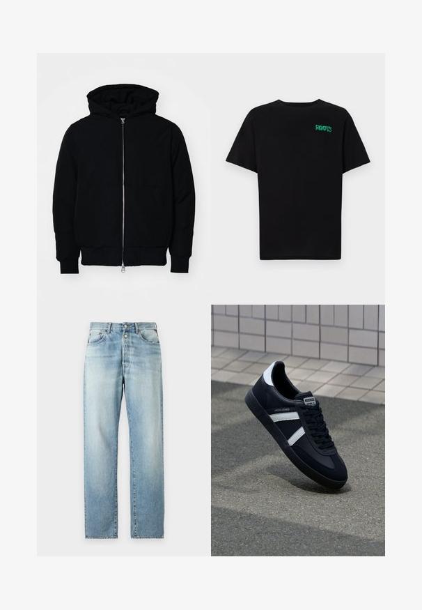 Mustaga kapuutsiga jakk, millel on esineed, kenguru tasku, soonikkoes, ja alläär, esitatud lihtsal valgel taustal.; Must t-särk, mis on valmistatud puuvillast, lühikeste varrukatega. Esipaneelil on roheline "ROOTS" logo, ümmargune kaelus ja tavapärane lõige.; Heled sinine denimist teksapüksid otsejalaga disainiga, klassikalise viie tasku paigutusega ja nööbiga sulgemine. Kerge kulunud tekstuur kogu ulatuses.; Must have musta sneaker musta valgete triipudega, tekstuurne kummitald ja nööridega esiosa. Omab bränditud märki keele peal.