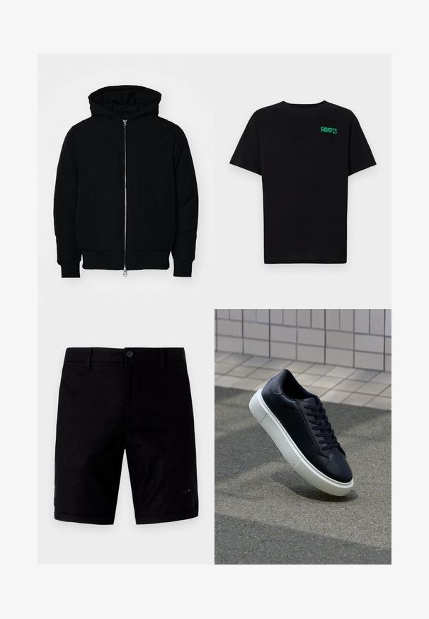 Černá kapucňová bunda s předním zipem, klokaní kapsou, vroubkovanými manžetami a spodním lemem, vystavená na čistém bílém pozadí.; Černé tričko vyrobené z bavlny s krátkým rukávem. Na přední straně se nachází zelené logo "ROOTS", kulatý výstřih a standardní střih.; Černé šortky s hladkým povrchem, vybavené zapínáním na knoflík, tradičními kapsami a ohrnutými manžetami. Vyrobené z lehké tkaniny.; Černé kožené tenisky s kulatou špičkou a bílou gumovou podrážkou. mají ploché tkaničky a minimální šití na svršku. Texturovaná podrážka pro lepší přilnavost.