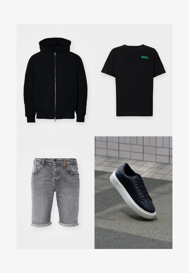 Černá kapucňová bunda s předním zipem, klokaní kapsou, vroubkovanými manžetami a spodním lemem, vystavená na čistém bílém pozadí.; Černé tričko vyrobené z bavlny s krátkým rukávem. Na přední straně se nachází zelené logo "ROOTS", kulatý výstřih a standardní střih.; Šedé džíny šortky s ohrnutými manžetami, s klasickým pětikapsovým designem a mírně opotřebenými detaily. Vyrobeny z měkké, odolné tkaniny.; Černé kožené tenisky s kulatou špičkou a bílou gumovou podrážkou. mají ploché tkaničky a minimální šití na svršku. Texturovaná podrážka pro lepší přilnavost.
