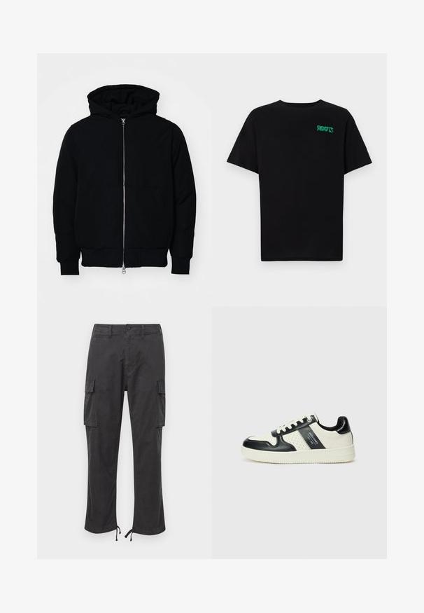 Svart hettejakke med frontglidelås, kengurulomme, ribbestrikket mansjetter og søm, vist på en ensfarget hvit bakgrunn.; svart t-skjorte laget av bomull med korte ermer. Har et grønt "ROOTS"-logo på forsiden, rund halsutringning og standard passform.; Svarte cargo-bukser med to sidelommer, justerbare snorer nederst, knappelukking og en glatt, slitesterk stofftekstur.; Lædersneakers med sort og creme farveskema, der har perforerede detaljer, en polstret krave og en struktureret ydersål.