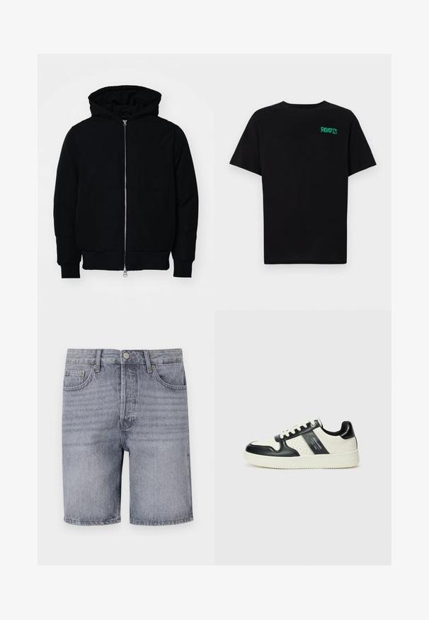 Chaqueta negra con capucha, cierre frontal, bolsillo tipo canguro, y puños y dobladillo acanalados, exhibida sobre un fondo blanco liso.; Camiseta negra de algodón con mangas cortas. Presenta un logo verde "ROOTS" en el frente, escote redondo y corte estándar.; Shorts de mezclilla en gris claro con un corte clásico, que cuentan con cinco bolsillos, cierre de botón y una textura ligeramente desgastada.; Zapatillas de cuero con un esquema de colores negro y crema, que cuentan con acentos perforados, un collar acolchado y una suela texturizada.