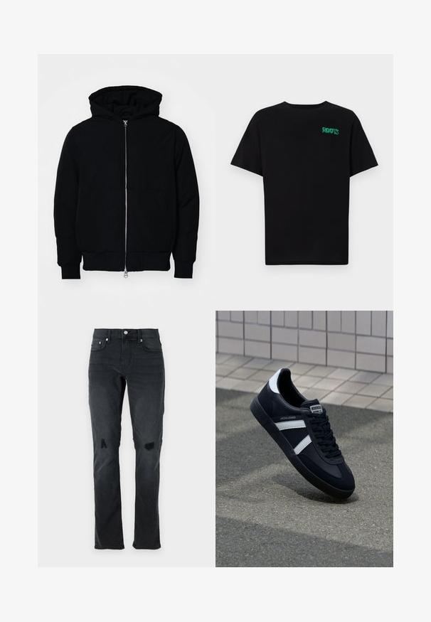 Fekete kapucnis dzseki elülső cipzárral, kenguruzsebbel, bordázott mandzsettákkal és aba, egy sima fehér háttér előtt.; Fekete, pamutból készült póló rövid ujjakkal. Elöl zöld "ROOTS" logóval, kerek nyakkivágással és normál szabással.; Fekete farmernadrág, slim fit szabású, finom kopásokkal, két térdrészi kiszakadással, és klasszikus öt zsebes kialakítással, gombos záródással.; Fekete bőr sportcipő fehér csíkokkal, textúrált gumitalppal és fűzős elejével. A nyelvén márkás címke található.