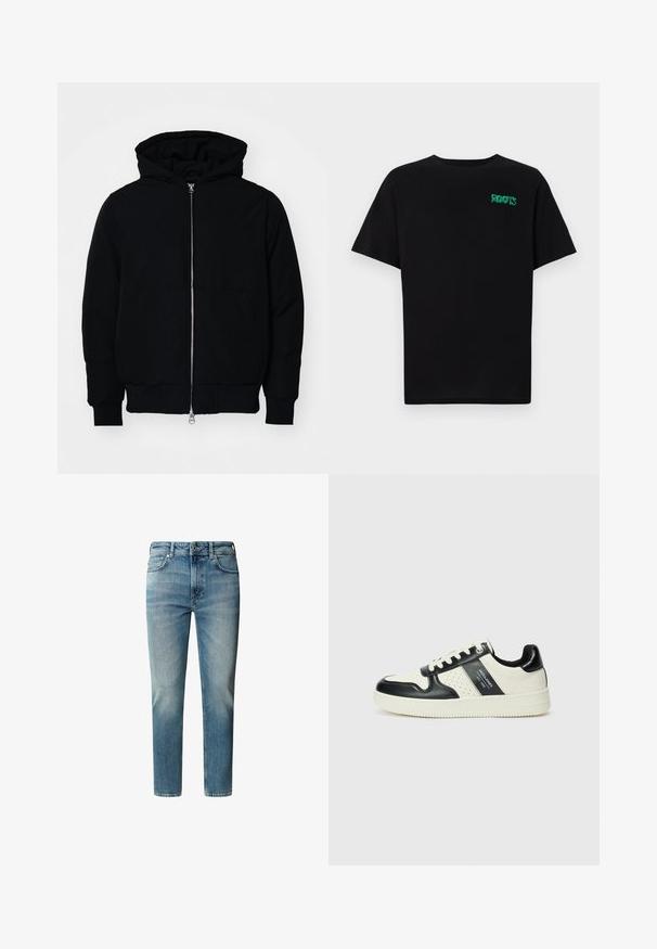 Czarna kurtka z kapturem, z suwakiem z przodu, kieszenią kangurką, ściągaczami przy mankietach i dolnym brzegu, prezentowana na jednolitym białym tle.; Czarna koszulka z bawełny z krótkim rękawem. Posiada zielone logo "ROOTS" z przodu, okrągły dekolt i standardowy krój.; Jasnoniebieskie dżinsy o prostym kroju, z pięcioma kieszeniami i zamek błyskawiczny. Przecierki w okolicy kolan i delikatne przetarcia na udach.; Skórzane sneakersy w czarno-kremowym schemacie kolorystycznym, z perforowanymi akcentami, wyściełanym kołnierzem i teksturowaną podeszwą.