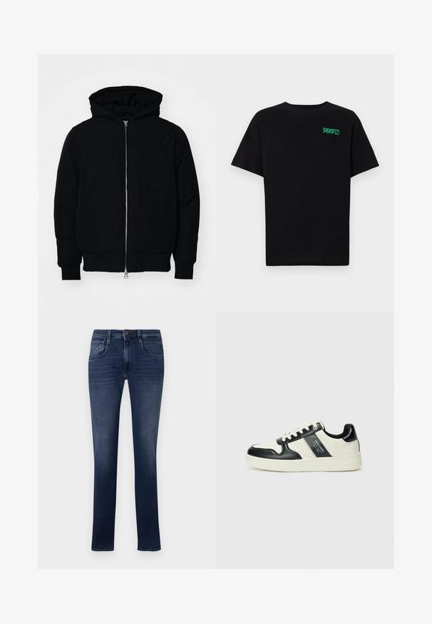 Svart hettejakke med frontglidelås, kengurulomme, ribbestrikket mansjetter og søm, vist på en ensfarget hvit bakgrunn.; svart t-skjorte laget av bomull med korte ermer. Har et grønt "ROOTS"-logo på forsiden, rund halsutringning og standard passform.; Mørkeblå denimjeans med rett snitt, som har fem lommer, diskret søm og en enkelt knappelukking i livet.; Lædersneakers med sort og creme farveskema, der har perforerede detaljer, en polstret krave og en struktureret ydersål.