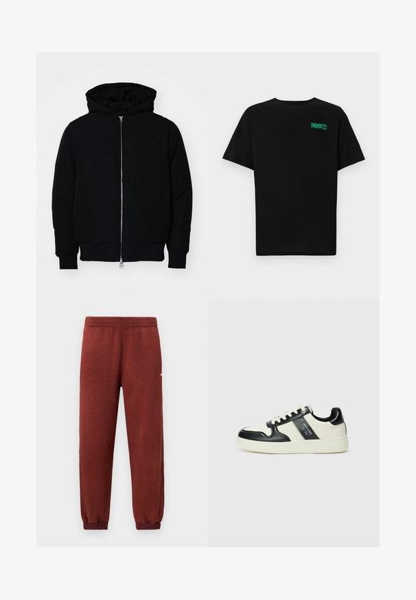 Čierna kapucňová bunda s predným zipsom, klokaními vreckami, rebrovanými manžetami a lemom, zobrazená na bielom pozadí.; Čierne tričko s krátkymi rukávmi vyrobené z bavlny. Na prednej strane má zelené logo "ROOTS", okrúhly výstrih a štandardný strih.; Fleece tepláky v ruskom tóne s elastickým pásom a manžetami na členkoch, vystavené na bielom pozadí.; Kožené tenisky v čierno-krémovej farbe, s perforovanými akcentmi, polstrovaným golierom a štruktúrovanou podrážkou.