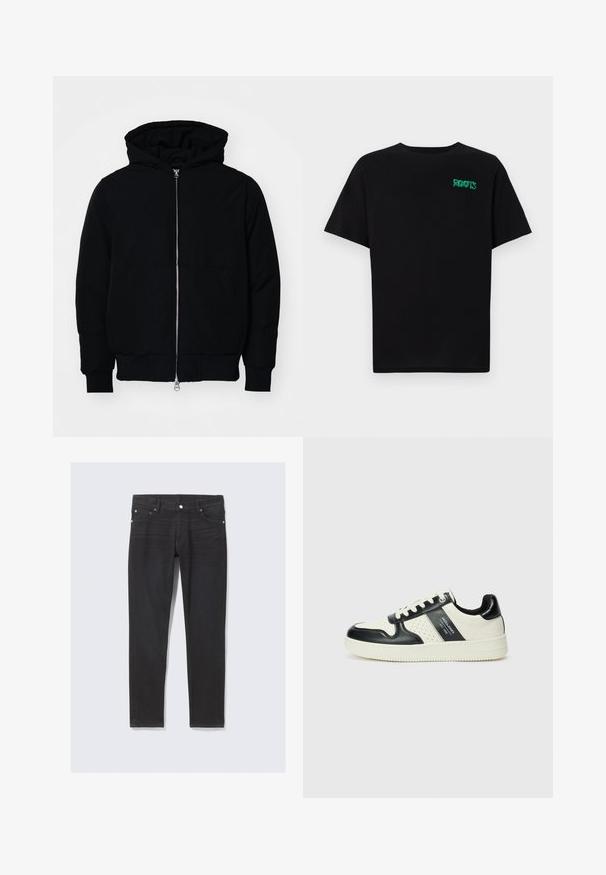 Black hooded jacket with front zipper, kangaroo pocket, ribbed cuffs, and hem, displayed on a plain white background.; Black t-shirt made of cotton with short sleeves. Features a green "ROOTS" logo on the front, round neckline, and standard fit.; Black denim jeans with a slim fit, featuring front pockets, a button fly, and subtle stitching details along the side seams.; Leather sneakers with a black and cream color scheme, featuring perforated accents, a padded collar, and a textured outsole.