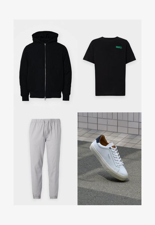 Giacca nera con cappuccio, dotata di zip frontale, tasca a marsupio, polsini e orlo a coste, esposta su uno sfondo bianco semplice.; T-shirt nera in cotone con maniche corte. Presenta un logo verde "ROOTS" sulla parte frontale, colletto rotondo e vestibilità standard.; Pantaloni jogger grigio chiaro realizzati in tessuto morbido, dotati di vita elastica con strings, e polsini affusolati con finitura arricciata.; Sneaker bianca in pelle con tallone blu, punta rotonda e accenti marroni a contrasto. Presenta lacci piatti e suola in gomma testurizzata.