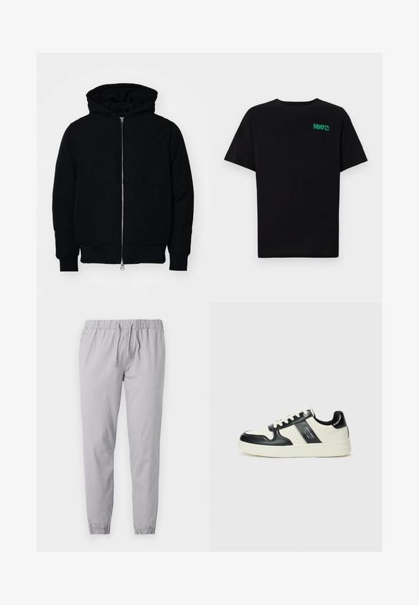 Svart hettejakke med frontglidelås, kengurulomme, ribbestrikket mansjetter og søm, vist på en ensfarget hvit bakgrunn.; svart t-skjorte laget av bomull med korte ermer. Har et grønt "ROOTS"-logo på forsiden, rund halsutringning og standard passform.; Lys grå joggebukser laget av myk stoff, med elastisk midjebånd med snøring, og smalnende mansjetter med samlet finish.; Lædersneakers med sort og creme farveskema, der har perforerede detaljer, en polstret krave og en struktureret ydersål.