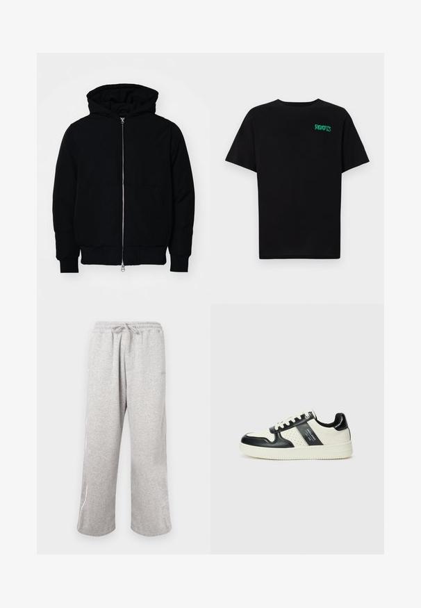 Svart hettejakke med frontglidelås, kengurulomme, ribbestrikket mansjetter og søm, vist på en ensfarget hvit bakgrunn.; svart t-skjorte laget av bomull med korte ermer. Har et grønt "ROOTS"-logo på forsiden, rund halsutringning og standard passform.; Grå joggebukser laget av myk stoff, med elastisk midje med snor og side søm detaljer i en kontrastfarge.; Lædersneakers med sort og creme farveskema, der har perforerede detaljer, en polstret krave og en struktureret ydersål.