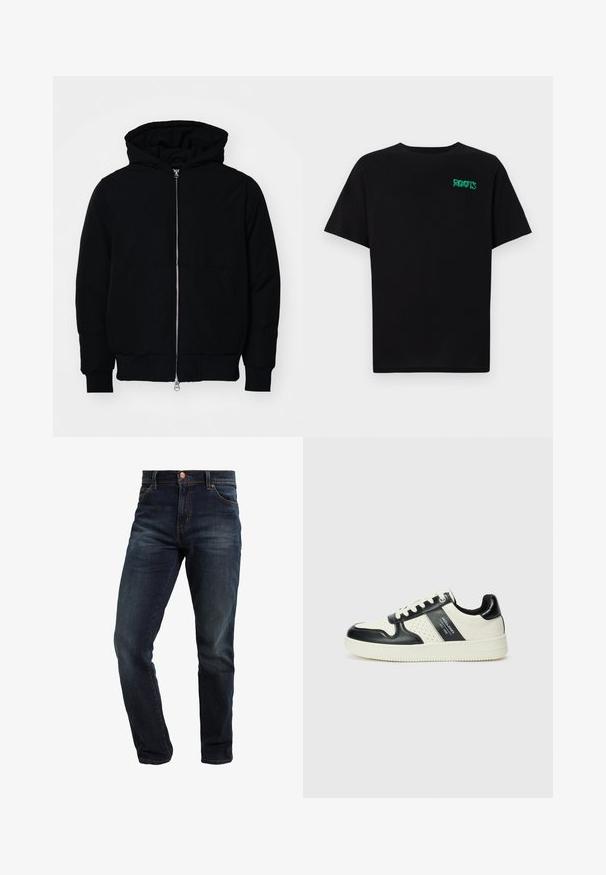 Mustaga kapuutsiga jakk, millel on esineed, kenguru tasku, soonikkoes, ja alläär, esitatud lihtsal valgel taustal.; Must t-särk, mis on valmistatud puuvillast, lühikeste varrukatega. Esipaneelil on roheline "ROOTS" logo, ümmargune kaelus ja tavapärane lõige.; Tumedat sinised teksad klassikalise sirge lõikega, millel on vaskne nööp ja viis taskut ning kontrastsed õmblused.; Nahatud nahkkingad musta ja kreemi värviskeemiga, millel on perforeeritud aktsendid, pehme krae ja tekstureeritud tallad.