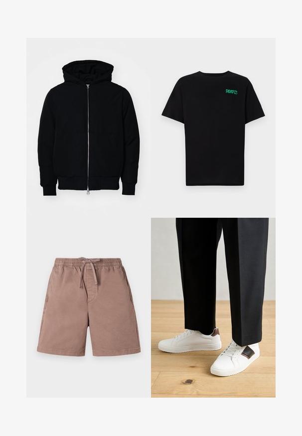 Black hooded jacket with front zipper, kangaroo pocket, ribbed cuffs, and hem, displayed on a plain white background.; Black t-shirt made of cotton with short sleeves. Features a green "ROOTS" logo on the front, round neckline, and standard fit.; Light brown shorts made of soft fabric with an elastic waistband and drawstring. Features side pockets and a relaxed fit design.; White sneakers with smooth texture, featuring brown leather accents and black detailing, paired with black tailored pants. Wooden floor background.