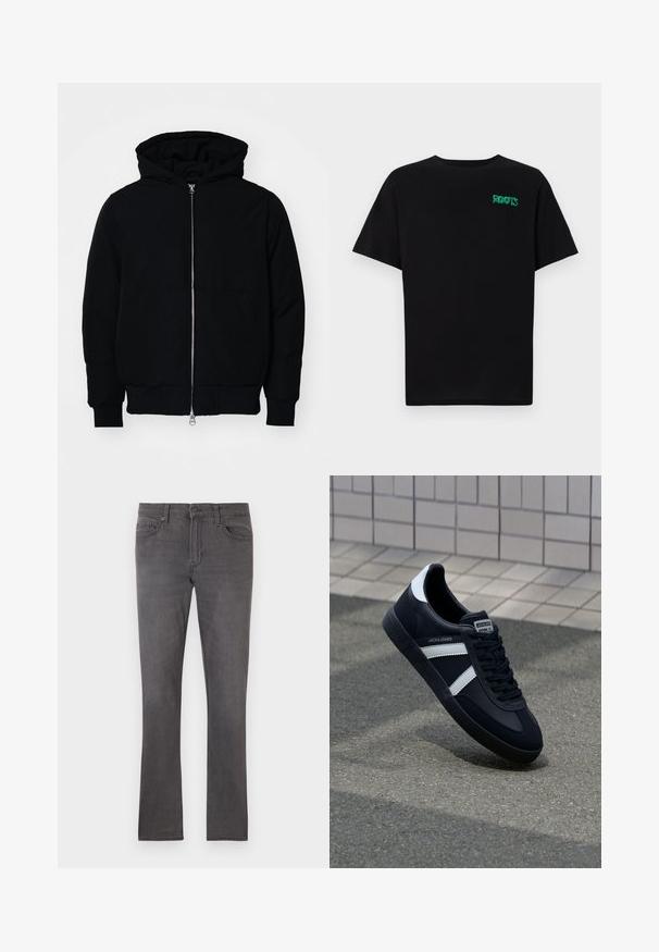 Black hooded jacket with front zipper, kangaroo pocket, ribbed cuffs, and hem, displayed on a plain white background.; Black t-shirt made of cotton with short sleeves. Features a green "ROOTS" logo on the front, round neckline, and standard fit.; Men’s slim-fit gray jeans with front pockets, belt loops, and button closure on a white background.; Black leather sneaker with white stripes, textured rubber sole, and lace-up front. Features a branded label on the tongue.