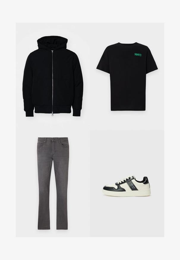 Veste à capuche noire avec fermeture éclair sur le devant, poche kangourou, poignets et ourlet côtelés, présentée sur un fond blanc uni.; T-shirt noir en coton à manches courtes. Présente un logo "ROOTS" vert sur le devant, un col rond et une coupe standard.; Jean gris ajusté pour homme avec poches avant, passants de ceinture et fermeture à bouton sur fond blanc.; Baskets en cuir avec un schéma de couleurs noir et crème, dotées d'accents perforés, d'un col rembourré et d'une semelle texturée.