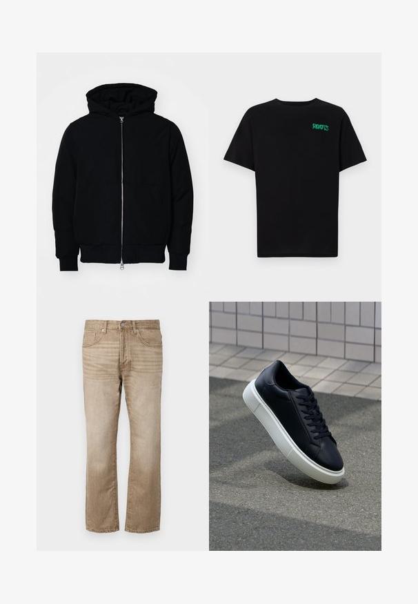 Mustat huppu-untuvatakki, jossa on vetoketju edessä, kenguru-tasku, ribatut hihansuut ja helma, esillä yksinkertaisella valkoisella taustalla.; Mustat t-paidat, jotka on valmistettu puuvillasta ja joissa on lyhyet hihat. Edessä vihreä "ROOTS"-logo, pyöreä kaula-aukko ja normaali istuvuus.; Beige farkkutakki suoran lahkeen muotoilulla, jossa on viisi taskua, nappikiinnitys ja hieno haalistuminen kankaan pinnassa.; Mustat nahkakengät, joissa on pyöristetty kärki ja valkoinen kumipohja. Varusteena litteät nauhat ja minimaalinen ommel ylhäällä. Teksturoitu pohja pitävyyden lisäämiseksi.