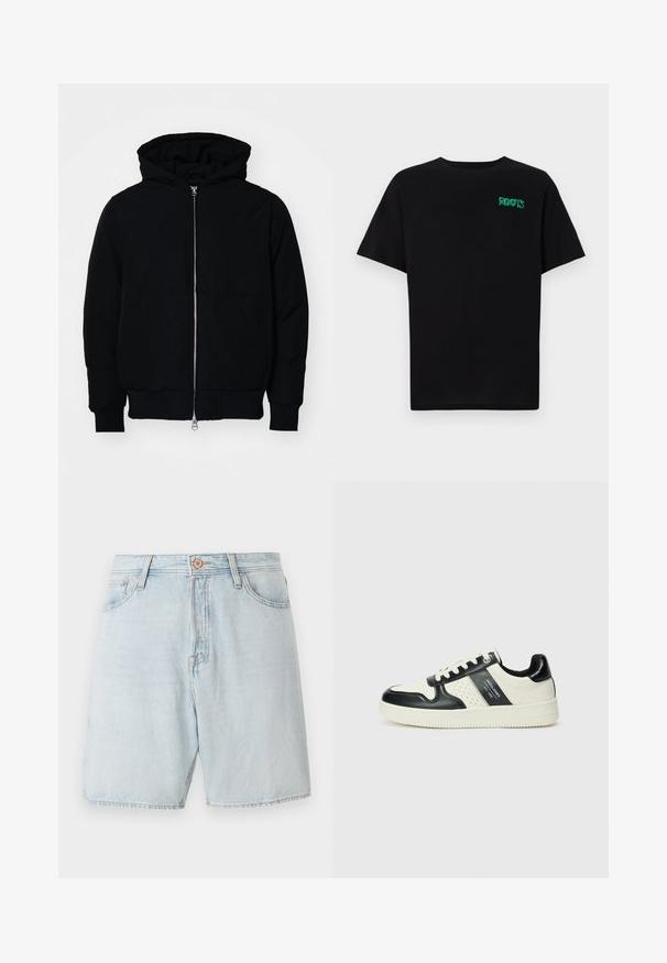 Black hooded jacket with front zipper, kangaroo pocket, ribbed cuffs, and hem, displayed on a plain white background.; Black t-shirt made of cotton with short sleeves. Features a green "ROOTS" logo on the front, round neckline, and standard fit.; Light blue denim shorts with a high waist, five-pocket design, and contrasting stitching. Features a classic button and zip fly closure.; Leather sneakers with a black and cream color scheme, featuring perforated accents, a padded collar, and a textured outsole.