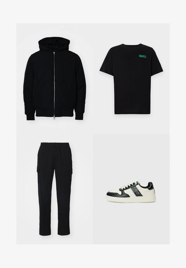 Čierna kapucňová bunda s predným zipsom, klokaními vreckami, rebrovanými manžetami a lemom, zobrazená na bielom pozadí.; Čierne tričko s krátkymi rukávmi vyrobené z bavlny. Na prednej strane má zelené logo "ROOTS", okrúhly výstrih a štandardný strih.; Čierne cargo nohavice vyrobené z odolného materiálu, s elastickým pásom, priamymi nohavicami a bočnými vreckami so klapkovými uzávermi.; Kožené tenisky v čierno-krémovej farbe, s perforovanými akcentmi, polstrovaným golierom a štruktúrovanou podrážkou.
