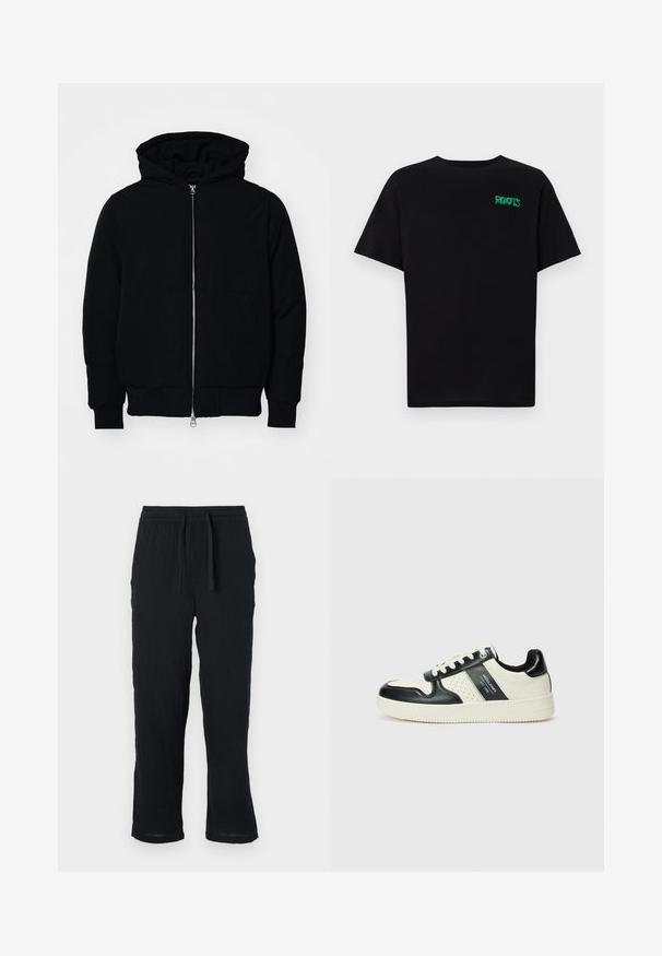 Zwarte hoodie met rits aan de voorkant, kangoeroe-pocket, geribbelde manchetten en zoom, weergegeven op een effen witte achtergrond.; Zwarte T-shirt van katoen met korte mouwen. Heeft een groen "ROOTS" logo op de voorkant, een ronde halslijn en een standaard pasvorm.; Zwarte, lichtgewicht broek met elastische tailleband, in een relaxte pasvorm en van structuurstof. Rechte pijpen met een licht toelopende manchette.; Leren sneakers met een zwart en crèmekleurig kleurenschema, voorzien van geperforeerde accenten, een gevoerde kraag en een gestructureerde buitenzool.