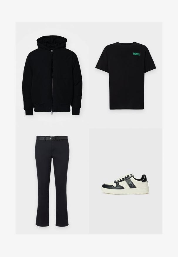 Čierna kapucňová bunda s predným zipsom, klokaními vreckami, rebrovanými manžetami a lemom, zobrazená na bielom pozadí.; Čierne tričko s krátkymi rukávmi vyrobené z bavlny. Na prednej strane má zelené logo "ROOTS", okrúhly výstrih a štandardný strih.; Čierne nohavice zo zmesi bavlny so striha priamo, s plochým predným dielom, pútka na opasok a čierny kožený opasok. Hladká textúra a žiadne viditeľné vzory.; Kožené tenisky v čierno-krémovej farbe, s perforovanými akcentmi, polstrovaným golierom a štruktúrovanou podrážkou.