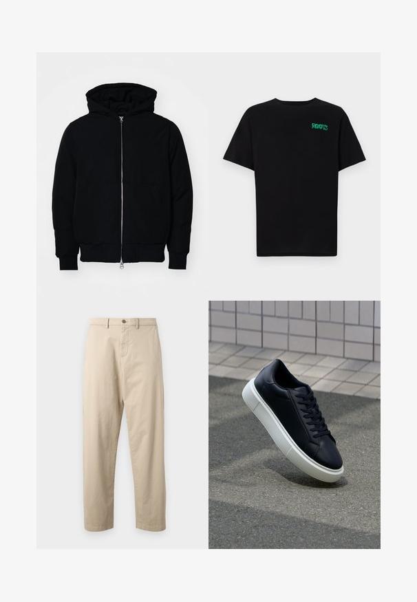Black hooded jacket with front zipper, kangaroo pocket, ribbed cuffs, and hem, displayed on a plain white background.; Black t-shirt made of cotton with short sleeves. Features a green "ROOTS" logo on the front, round neckline, and standard fit.; GAP ESSENTIAL BAGGY FIT - Trousers - khaki; Black leather sneaker with rounded toe and white rubber sole. Features flat laces and minimal stitching on the upper. Textured sole for grip.